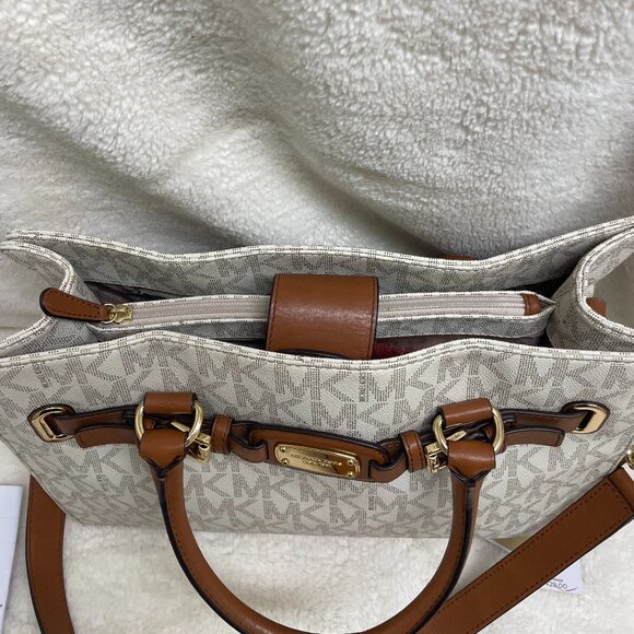 NWT Gorgeous Michael Kors Hamilton Cream w/Leather Brown Trim Lg Tote - Picture 7 of 13